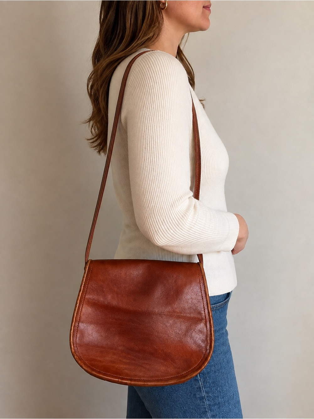 Genuine Leather Brown Saddle Shoulder Bag Purse Long Strap Suede Interior